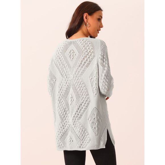 V Neck Long Sleeve Hollow Cable Knit Loose Casual Pullover Sweaters Gray - Picture 4 of 5